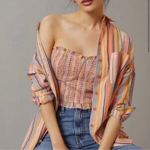 Anthropologie Pilcro Rainbow Pink Strapless Smocked Crop Top size L